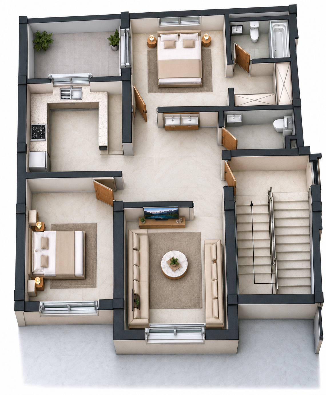 Plan 3D appartement 1 façade - NASUD Résidence III